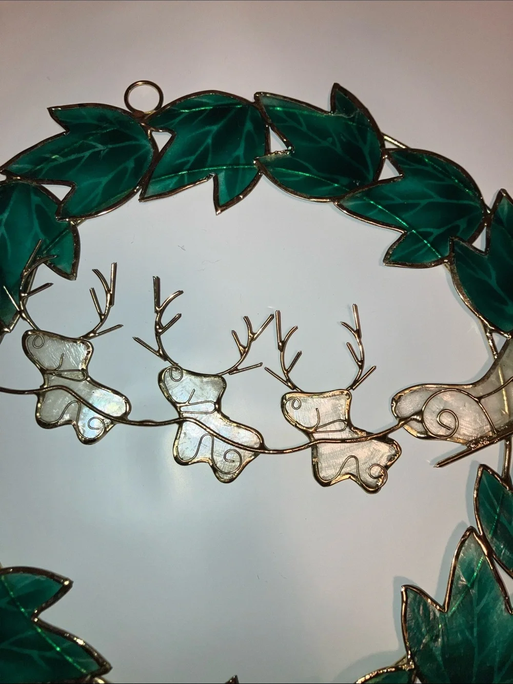 Capiz Shell Vintage Green Leaf Wreath with Gold Reindeer Garland 7”